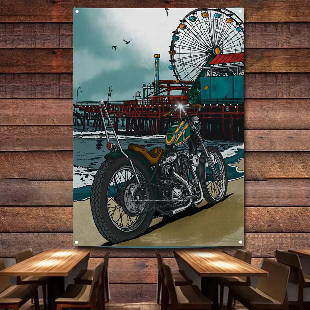 Seaside Motorcycle Art Poster  - Auto Repair Shop Banners avaliação e preço
