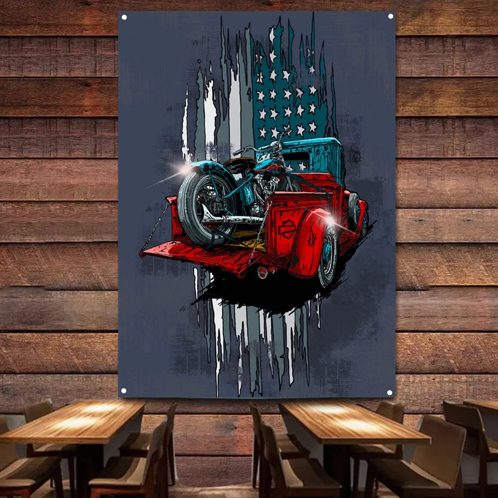 Motorcycle on Car Art Poster W - Auto Repair Shop Banners avaliação e preço
